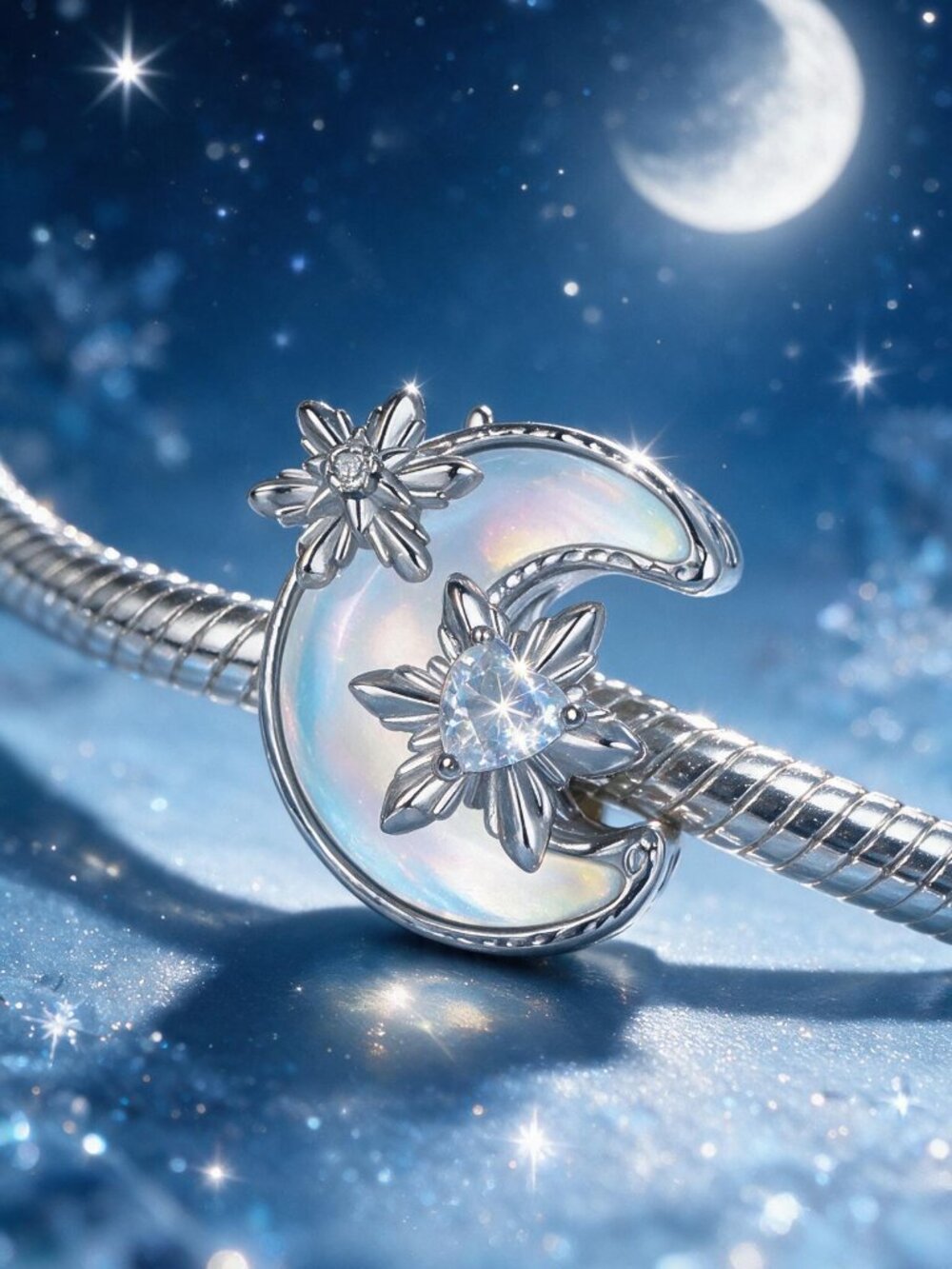 Silver Opalescent Moon Charm